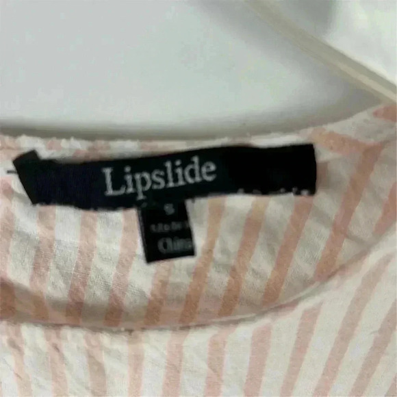 Lipslide Women's S Pink Striped Peasant Lace Top 3/4 Sleeve Lace Detail - Picture 4 of 8